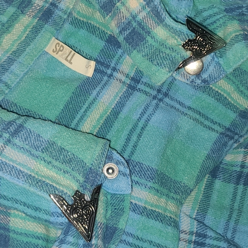 Spell designs lost highway flannel shirt turquoise buttondown S teal flannelette - Picture 8 of 16
